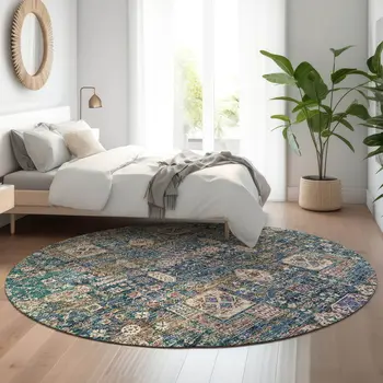 8' Green Blue And Beige Floral Washable Round Rug With UV Protection