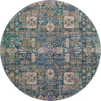 8' Green Blue And Beige Floral Washable Round Rug With UV Protection