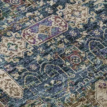 8' Green Blue And Beige Floral Washable Round Rug With UV Protection