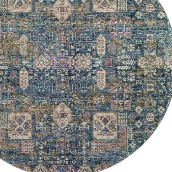 8' Green Blue And Beige Floral Washable Round Rug With UV Protection