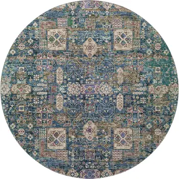 8' Green Blue And Beige Floral Washable Round Rug With UV Protection