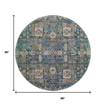 8' Green Blue And Beige Floral Washable Round Rug With UV Protection