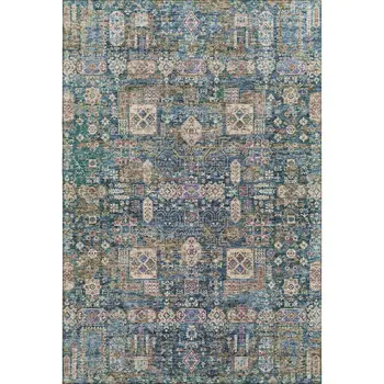 8' X 10' Green Blue And Beige Floral Washable Area Rug With UV Protection