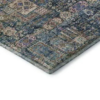 9' X 12' Green Blue And Beige Floral Washable Area Rug With UV Protection