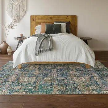 9' X 12' Green Blue And Beige Floral Washable Area Rug With UV Protection