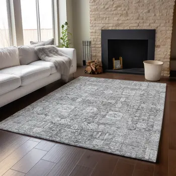 3' X 5' Gray And Ivory Floral Washable Area Rug With UV Protection