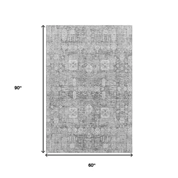 5' X 8' Gray And Ivory Floral Washable Area Rug With UV Protection