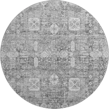 8' Gray And Ivory Floral Washable Round Rug With UV Protection