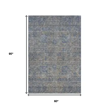 5' X 8' Khaki And Blue Floral Washable Area Rug With UV Protection