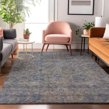 8' X 10' Khaki And Blue Floral Washable Area Rug With UV Protection