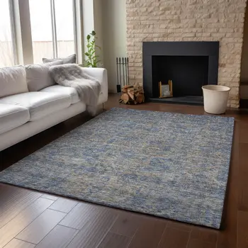 10' X 14' Khaki And Blue Floral Washable Area Rug With UV Protection