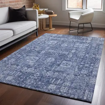 3' X 5' Navy Blue And Ivory Floral Washable Area Rug With UV Protection