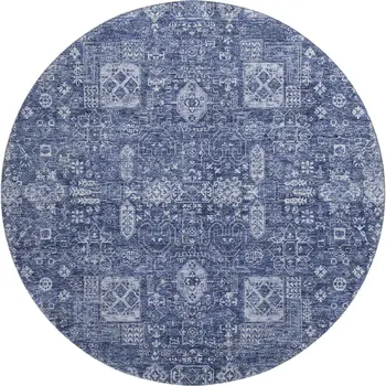 8' Navy Blue And Ivory Floral Washable Round Rug With UV Protection