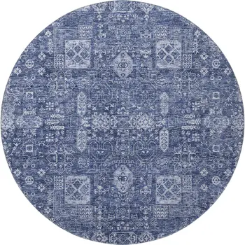 8' Navy Blue And Ivory Floral Washable Round Rug With UV Protection