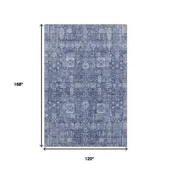 10' X 14' Navy Blue And Ivory Floral Washable Area Rug With UV Protection
