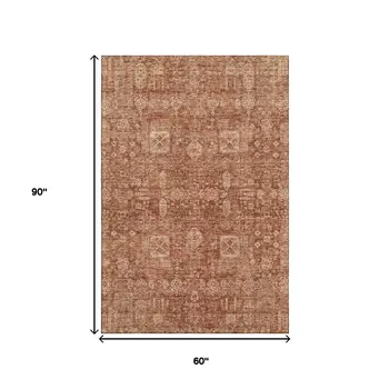 5' X 8' Chili Red And Copper Floral Washable Area Rug With UV Protection