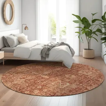 8' Chili Red And Copper Floral Washable Round Rug With UV Protection