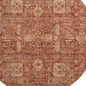 8' Chili Red And Copper Floral Washable Round Rug With UV Protection