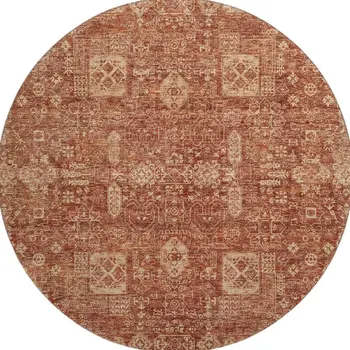 8' Chili Red And Copper Floral Washable Round Rug With UV Protection