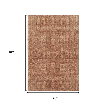 10' X 14' Chili Red And Copper Floral Washable Area Rug With UV Protection