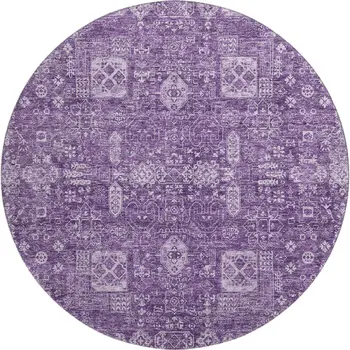 8' Purple And Ivory Floral Washable Round Rug With UV Protection
