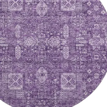 8' Purple And Ivory Floral Washable Round Rug With UV Protection