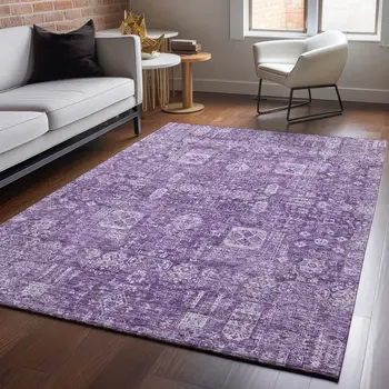 9' X 12' Purple And Ivory Floral Washable Area Rug With UV Protection