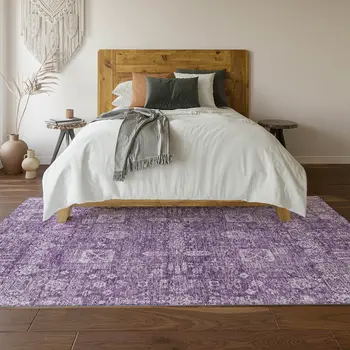 9' X 12' Purple And Ivory Floral Washable Area Rug With UV Protection