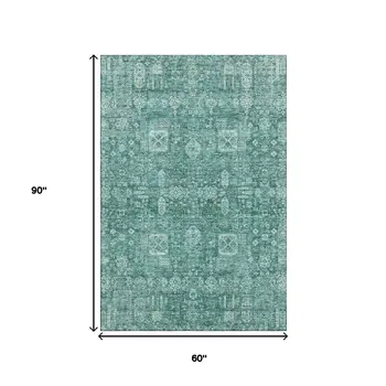5' X 8' Teal And Aqua Floral Washable Area Rug With UV Protection