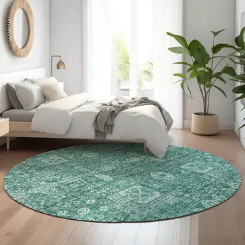 8' Teal And Aqua Floral Washable Round Rug With UV Protection