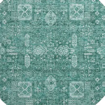 8' Teal And Aqua Floral Washable Round Rug With UV Protection