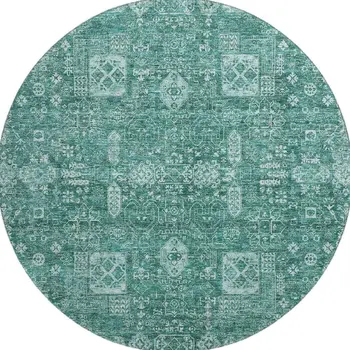 8' Teal And Aqua Floral Washable Round Rug With UV Protection