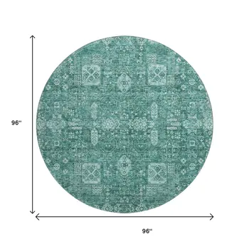 8' Teal And Aqua Floral Washable Round Rug With UV Protection