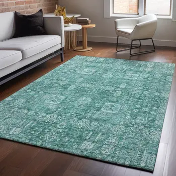 10' X 14' Teal And Aqua Floral Washable Area Rug With UV Protection
