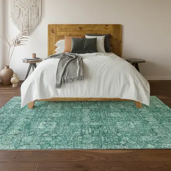 10' X 14' Teal And Aqua Floral Washable Area Rug With UV Protection