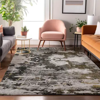 5' X 8' Taupe Ivory And Charcoal Abstract Washable Area Rug With UV Protection