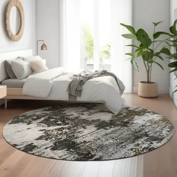 8' Taupe Ivory And Charcoal Abstract Washable Round Rug With UV Protection