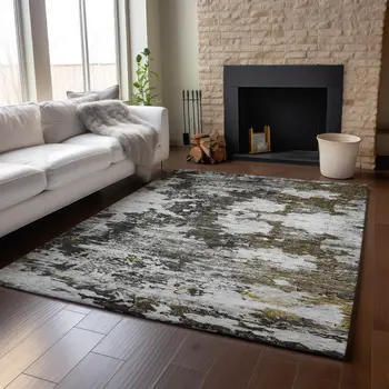 8' X 10' Taupe Ivory And Charcoal Abstract Washable Area Rug With UV Protection