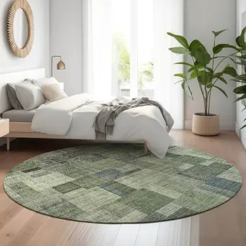 8' Green Blue And Gray Geometric Washable Round Rug With UV Protection