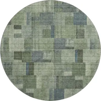 8' Green Blue And Gray Geometric Washable Round Rug With UV Protection