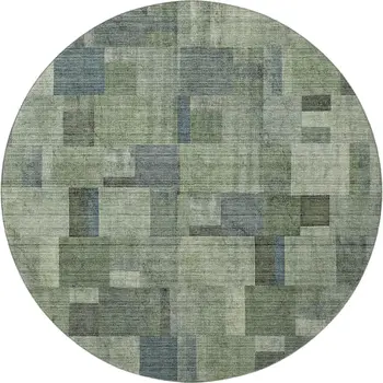 8' Green Blue And Gray Geometric Washable Round Rug With UV Protection