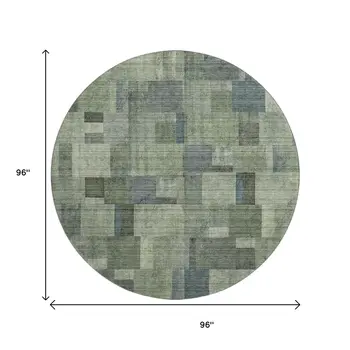 8' Green Blue And Gray Geometric Washable Round Rug With UV Protection