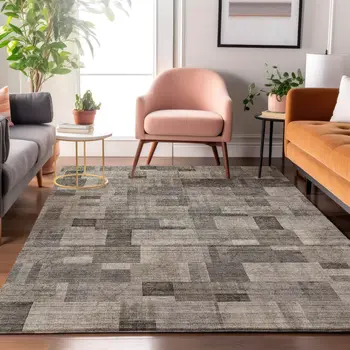 3' X 5' Taupe Charcoal And Beige Geometric Washable Area Rug With UV Protection