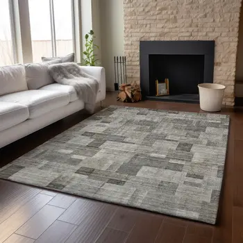 9' X 12' Taupe Charcoal And Beige Geometric Washable Area Rug With UV Protection