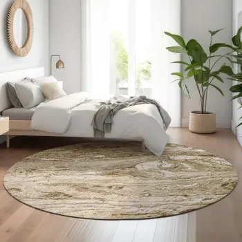 8' Brown And Ivory Abstract Washable Round Rug With UV Protection