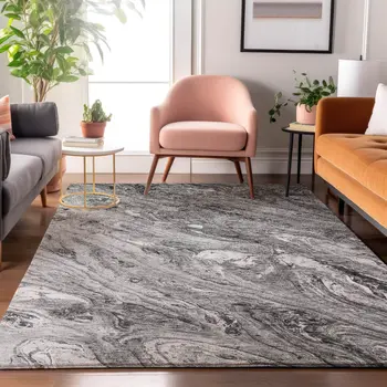8' X 10' Gray And Ivory Abstract Washable Area Rug With UV Protection