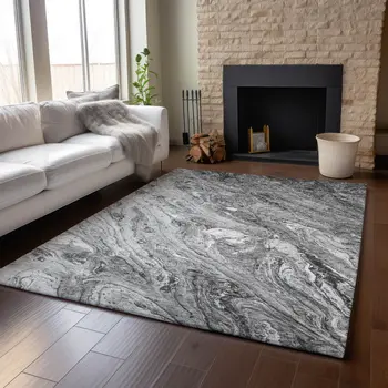 8' X 10' Gray And Ivory Abstract Washable Area Rug With UV Protection