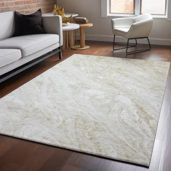 3' X 5' Ivory And Beige Abstract Washable Area Rug With UV Protection
