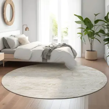 8' Ivory And Beige Abstract Washable Round Rug With UV Protection