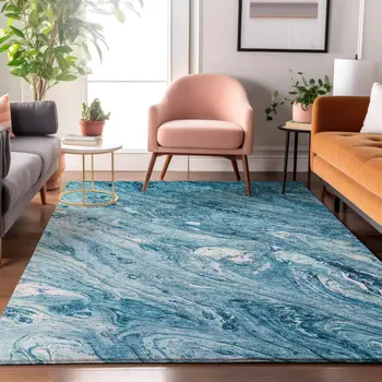 5' X 8' Sky Blue And Ivory Abstract Washable Area Rug With UV Protection